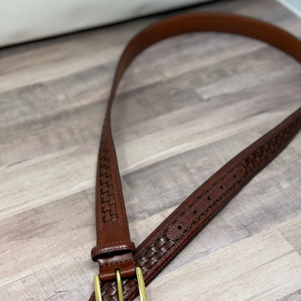 Leather Belt Basketweave Woven Men 36 Brown Brass Buckle Office Preppy Old Money